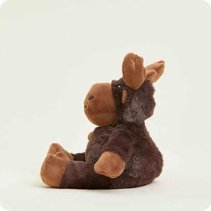 A side view of the Warmies Moose plush toy with brown accents sitting against a plain white background.