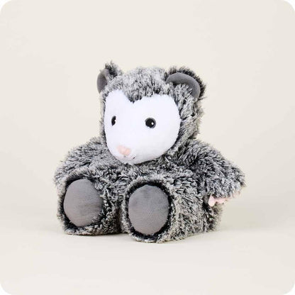 A front view of the Warmies Opossum plush toy with a soft, fuzzy texture and gray fur, sitting against a plain light background.