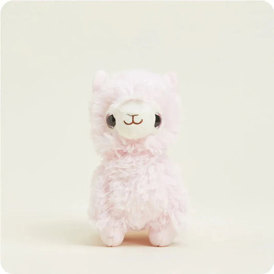 A front view of the Warmies Pink Llama Junior plush toy against a plain white background.