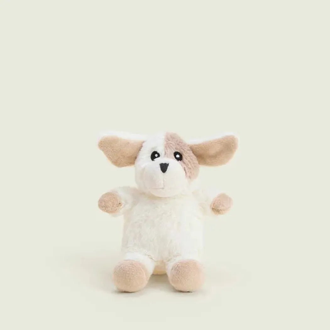 A front view of the Warmies Puppy Keyring plush toy with a light beige and white color scheme against a plain light background.