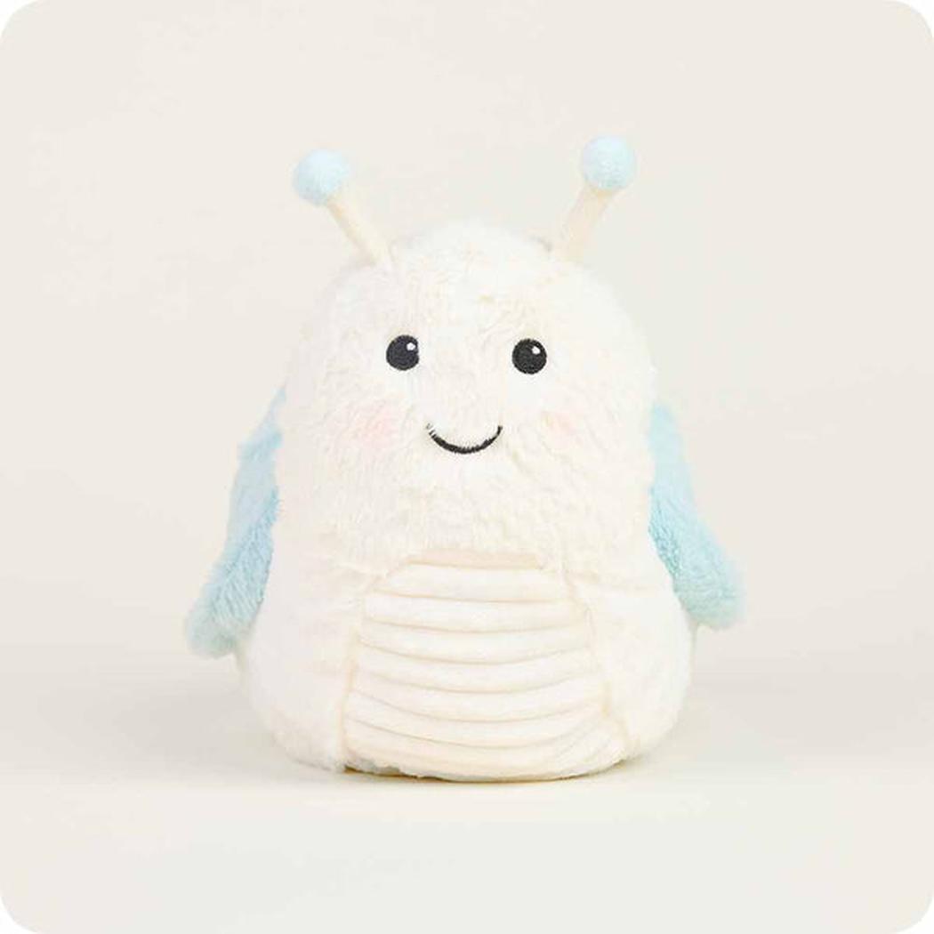 A front view of the Warmies Snail plush toy with light blue wings and antennae against a plain white background.