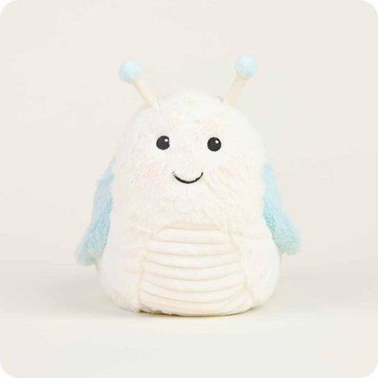 A front view of the Warmies Snail plush toy with light blue wings and antennae against a plain white background.
