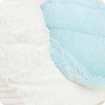 A close-up of the Warmies Snail showing its soft, fuzzy texture and light blue color against a white background.