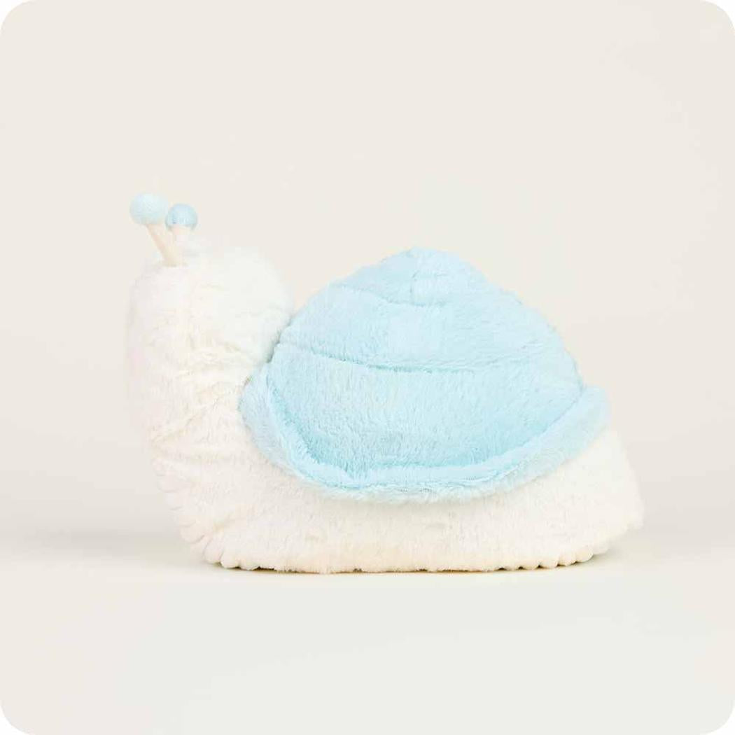 A side view of the Warmies Snail showing its light blue shell and white body against a plain background.