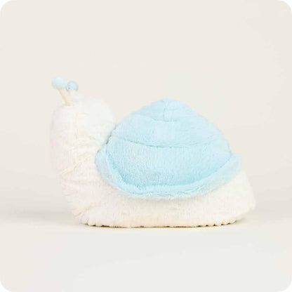 A side view of the Warmies Snail showing its light blue shell and white body against a plain background.