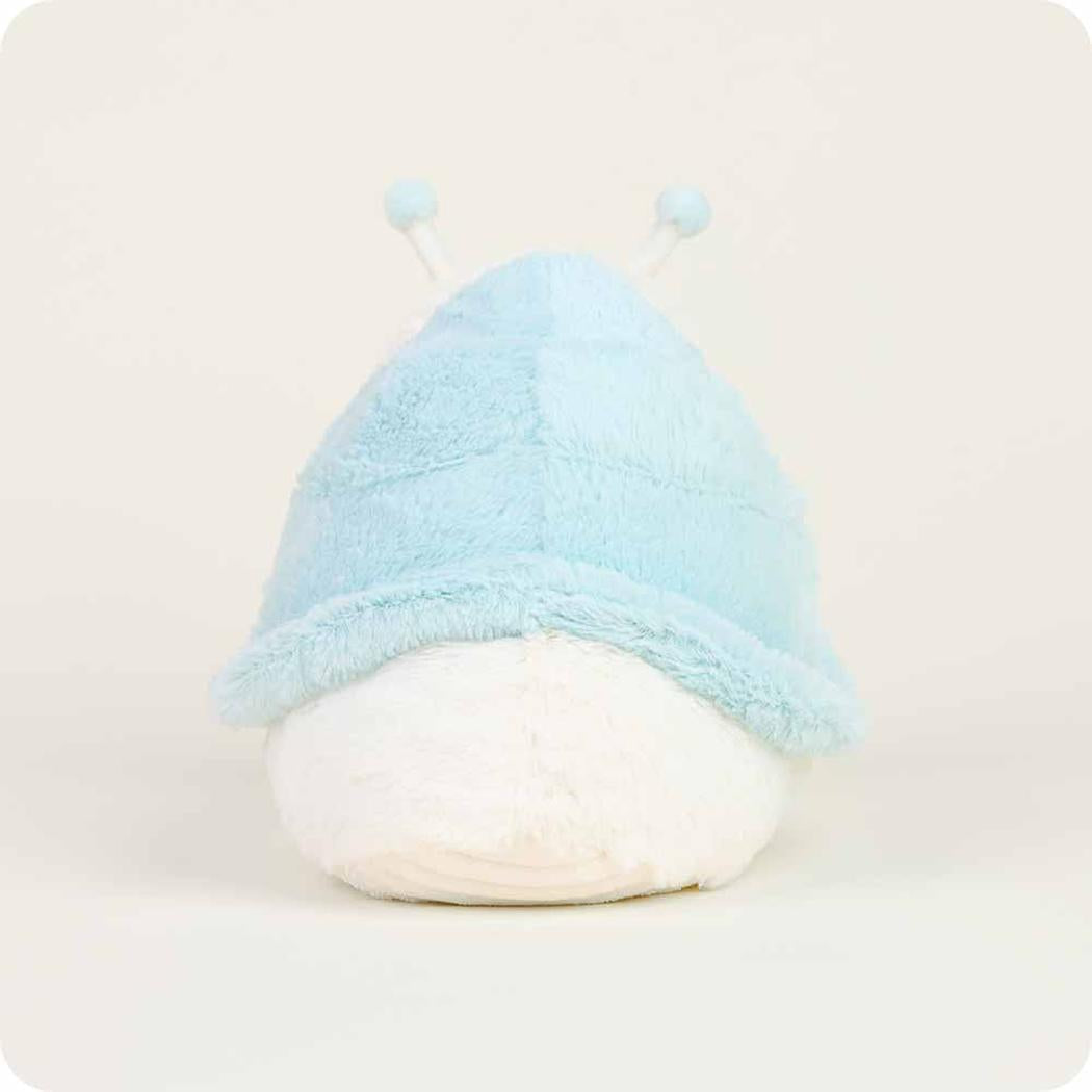 Back view of the Warmies Snail in light blue with a white body and antennae against a plain background.