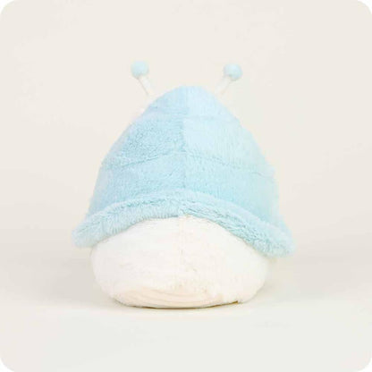 Back view of the Warmies Snail in light blue with a white body and antennae against a plain background.