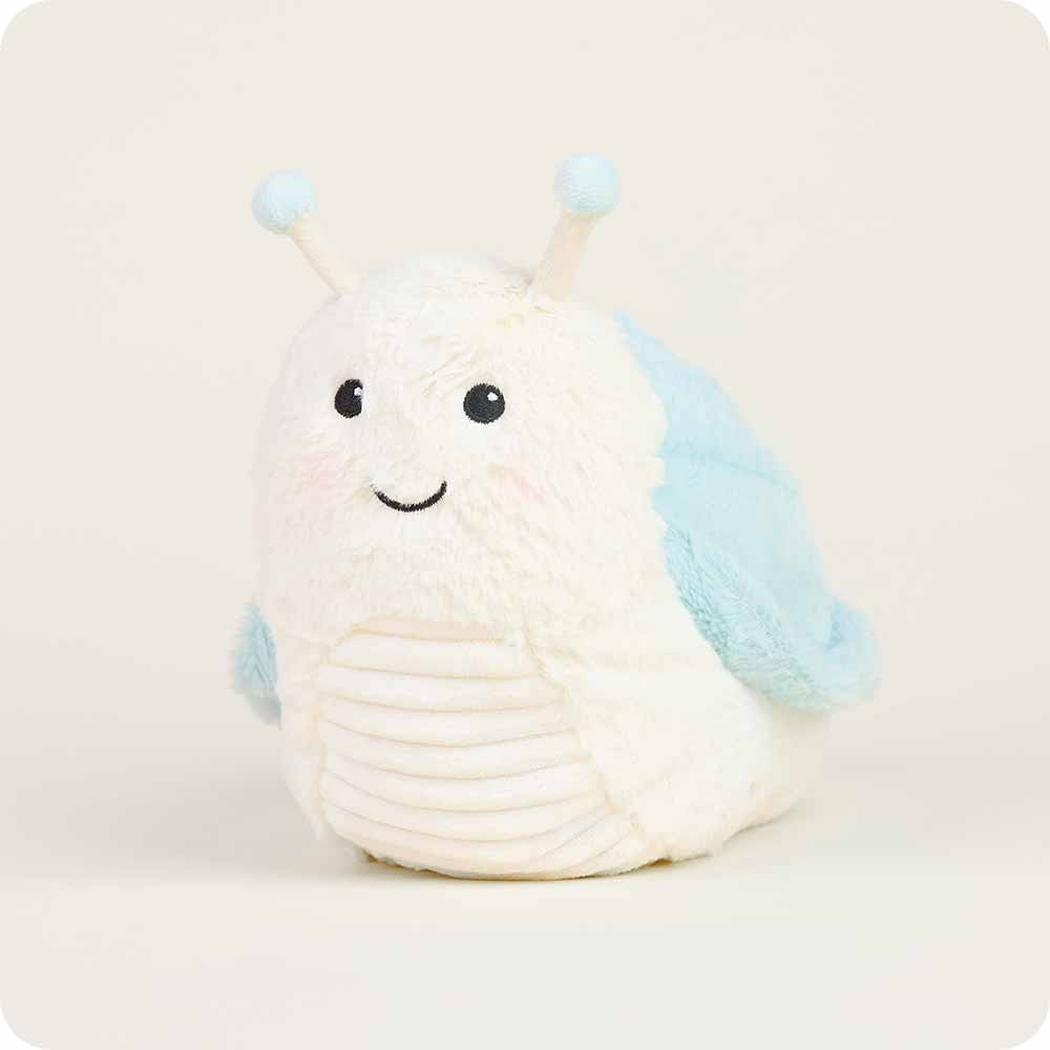 A front view of the Warmies Snail plush toy with light blue accents and a smiling face against a plain white background.