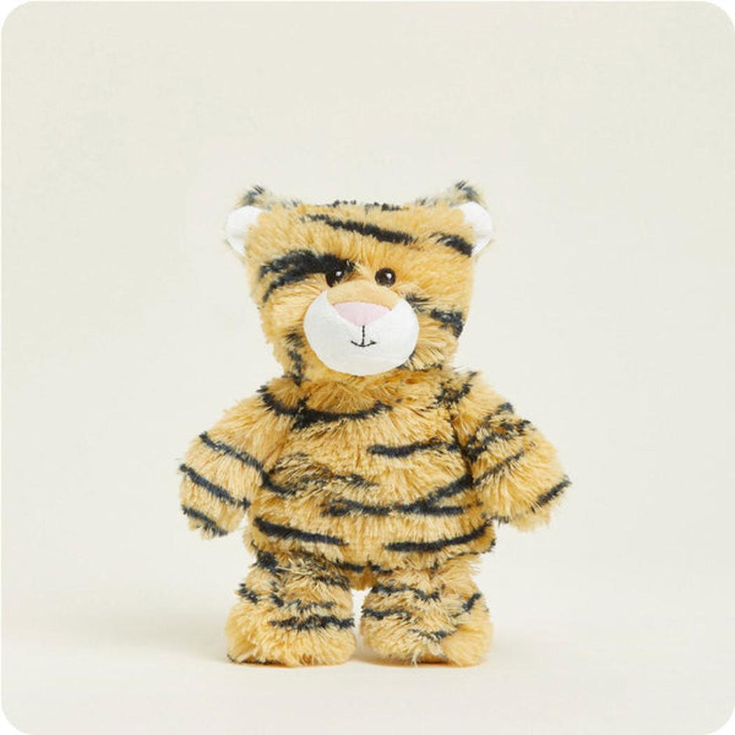 A front view of the Warmies Tiger Junior plush toy with a white background.