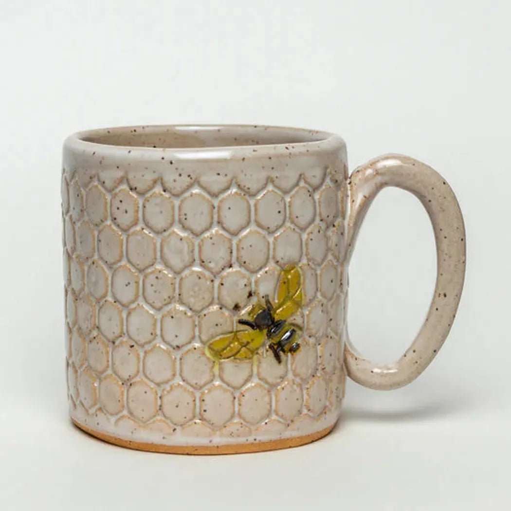 White Squirrel Clayworks Bee Pattern Handmade in Ohio Ceramic White 10 oz Mug-Camping - Cooking - Dishware-Appalachian Outfitters