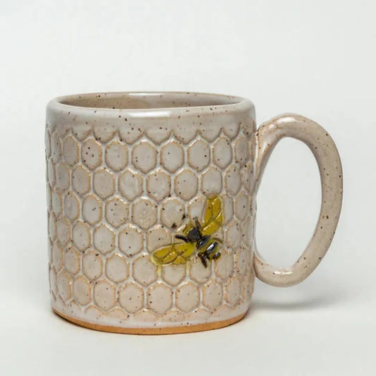 White Squirrel Clayworks Bee Pattern Handmade in Ohio Ceramic White 10 oz Mug-Camping - Cooking - Dishware-Appalachian Outfitters