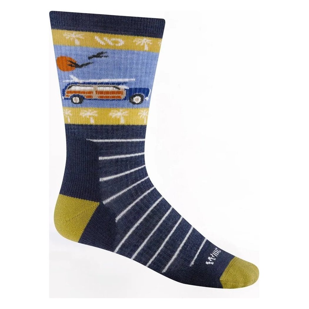 Side view of the Wide Open Men's Way Black Midweight Crew Sock in Denim showing the car and palm tree design against a white background.