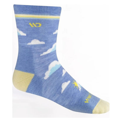 Side view of the Wide Open Women's Cloud Hopper Midweight Micro Crew Sock in Sky showing the cloud pattern and yellow toe and heel against a white background.