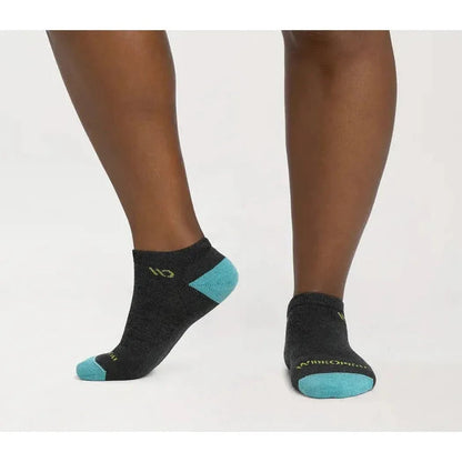 Side view of the Wide Open Women's Solid Midweight No Show Sock in Charcoal showing the toe and heel accents against a white background.