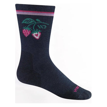 Side view of the Wide Open Women's Strawberry Patch Crew Midweight Cushion Socks in Eclipse showing the strawberry design and pink "WIDE" on the toe against a white background.