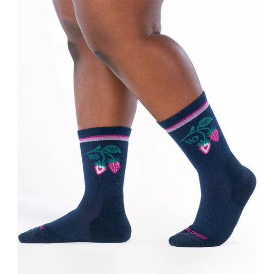 Side view of the Wide Open Women's Strawberry Patch Crew Midweight Cushion Socks in Eclipse showing the strawberry design against a white background.