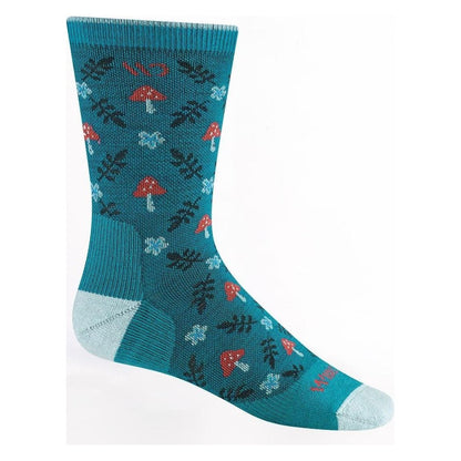 Side view of the Wide Open Women's Wildwood Cushioned Crew Socks in Bright Teal showing the pattern and white toe and heel against a white background.