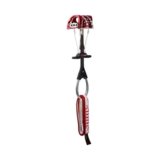 A red Wild Country Friend 1 climbing cam with a black handle and red/white webbing, shown against a white background.