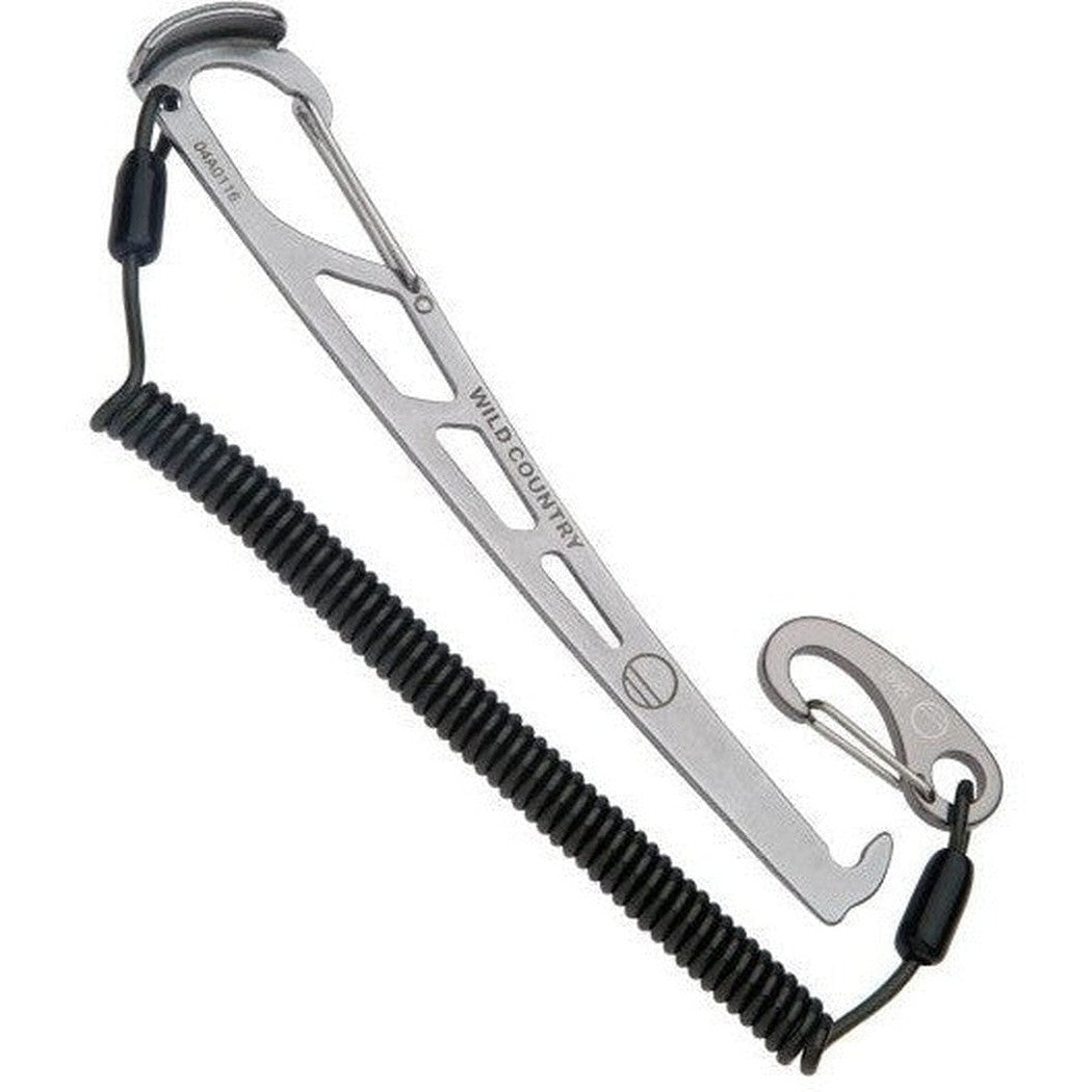 A side view of the Wild Country Pro Key With Leash showing the coiled leash and carabiner against a white background.