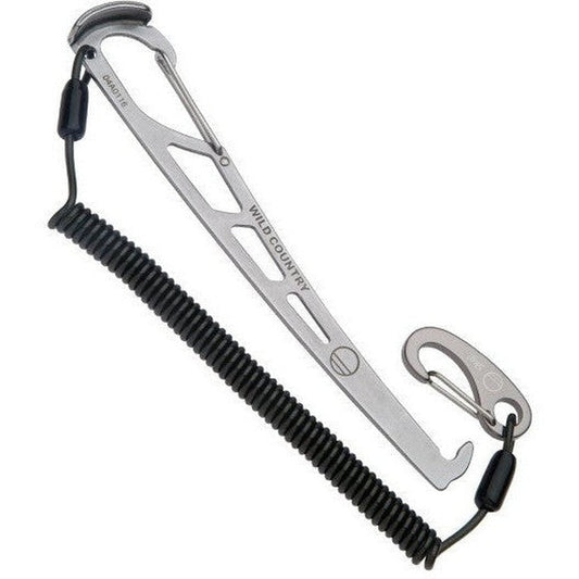 A side view of the Wild Country Pro Key With Leash showing the coiled leash and carabiner against a white background.