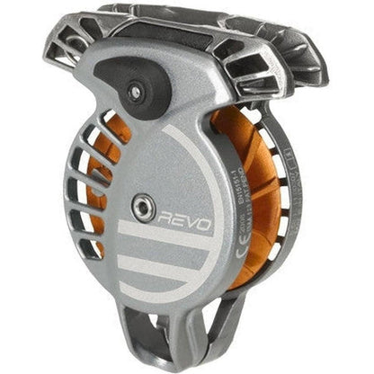 A front view of the Wild Country Revo belay device in Gun Tangerine with its orange spool and silver body.