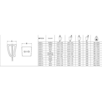 A technical diagram of the Wild Country Rock climbing protection hardware in color 1, showing dimensions and model specifications.