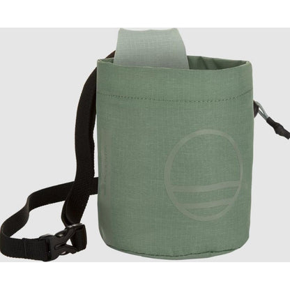 Side view of the Wild Country Session Chalk Bag in Green Iny showing the adjustable shoulder strap and logo against a white background.