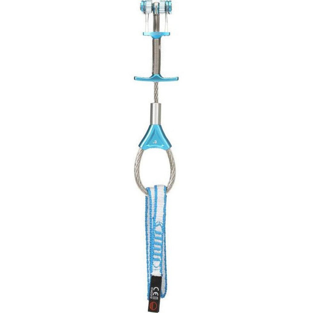 A vertical photo of the Wild Country Zero Friend climbing protection device with a blue and white webbing strap, metal carabiner, and blue plastic components against a white background.