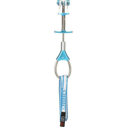 A vertical photo of the Wild Country Zero Friend climbing protection device with a blue and white webbing strap, metal carabiner, and blue plastic components against a white background.