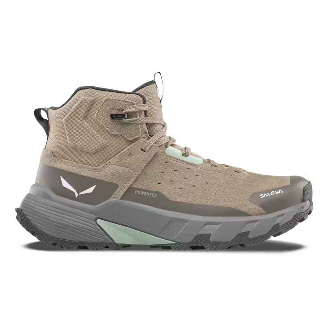 Side view of the Women's Pedroc 2 Leather Mid PTX in Quicksand/Bungee Cord showing the high-top design and rugged outsole against a white background.