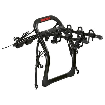 A black Yakima FullBack bike rack with multiple hooks and straps, photographed from a front angle against a white background.