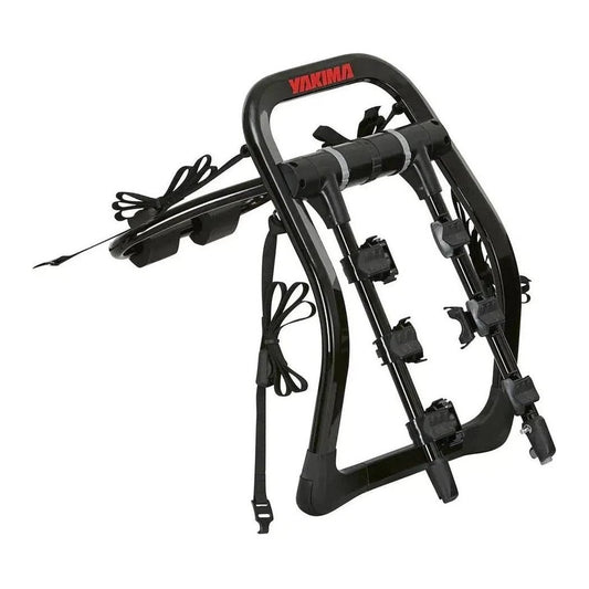 A black Yakima FullBack bike car rack with straps and mounting points, photographed from a side angle against a white background.