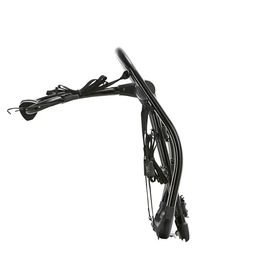 Side view of the Yakima FullBack bike rack showing its curved frame and black finish against a white background.