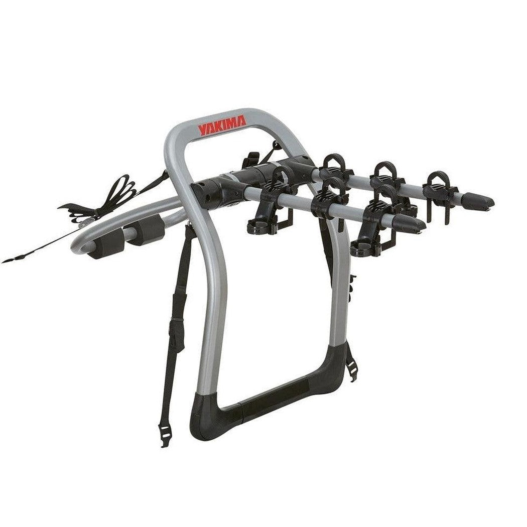A front view of the Yakima HalfBack 3 bike rack with black straps and silver frame against a white background.