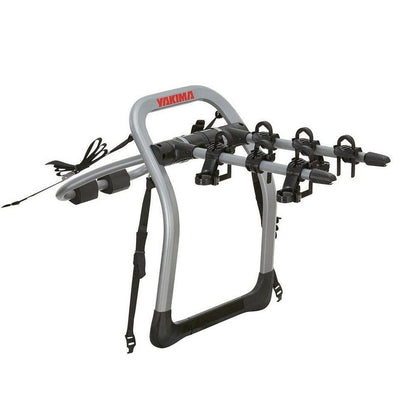 A front view of the Yakima HalfBack 3 bike rack with black straps and silver frame against a white background.