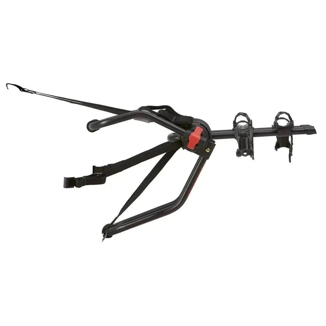 A black Yakima HangOut bike car rack with red accents and two black straps, shown from a side angle against a white background.