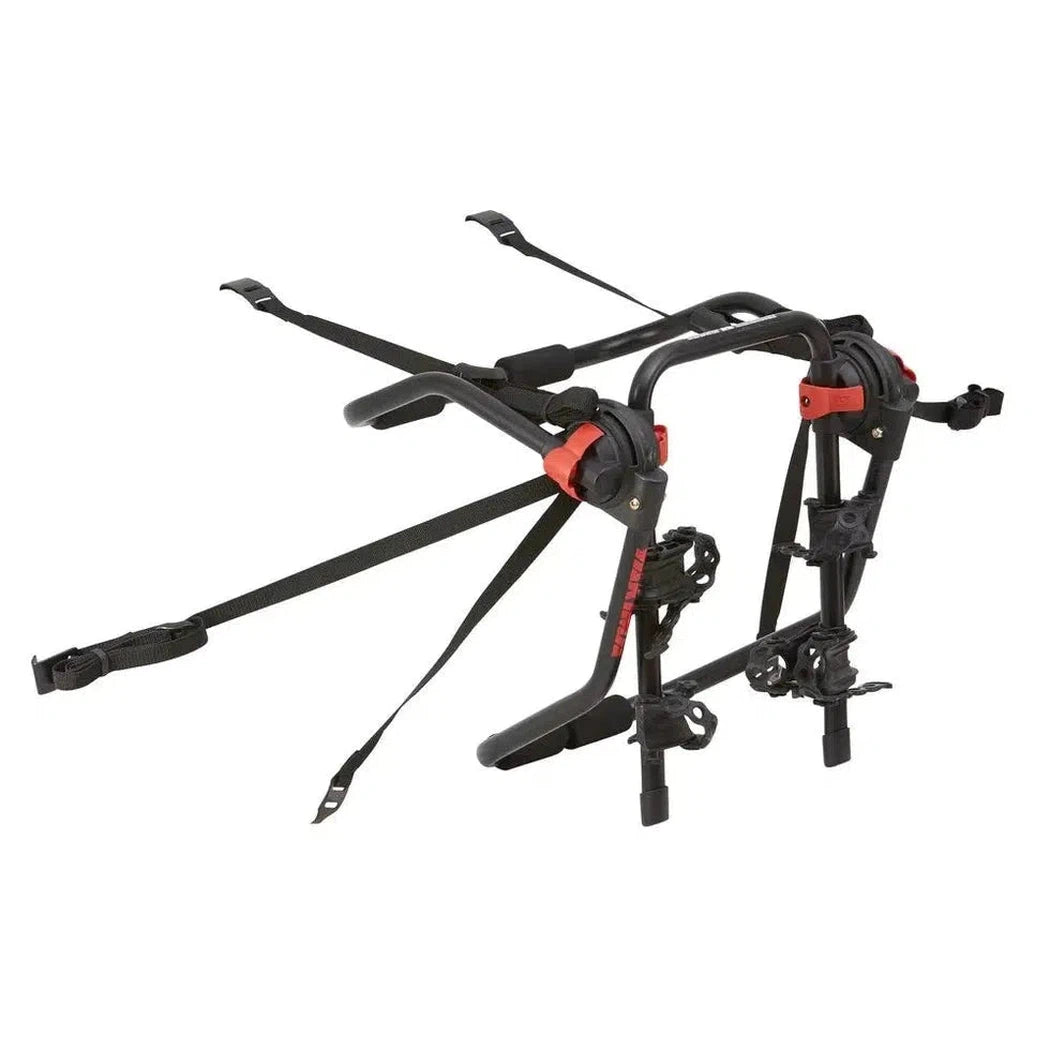 Side view of the Yakima HangOut 2 bike car rack with black straps and red accents against a white background.