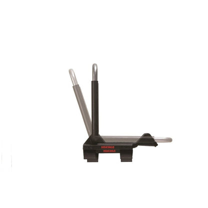 A black Yakima JayLow car rack with two vertical bars and a horizontal bar, shown from a side angle against a white background.