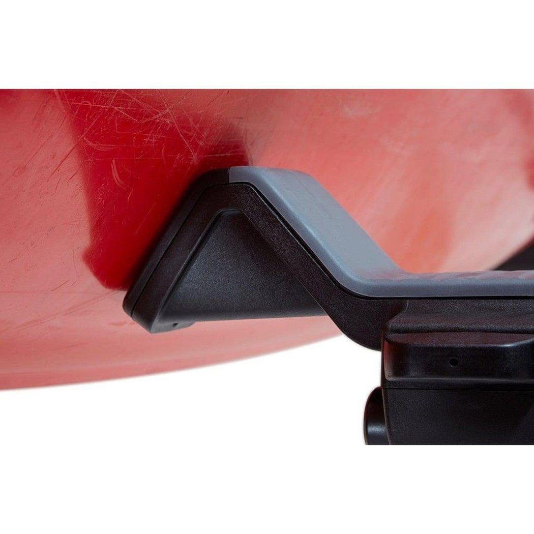 A close-up of the Yakima JayLow car rack's black and gray mounting bracket attached to a red vehicle.