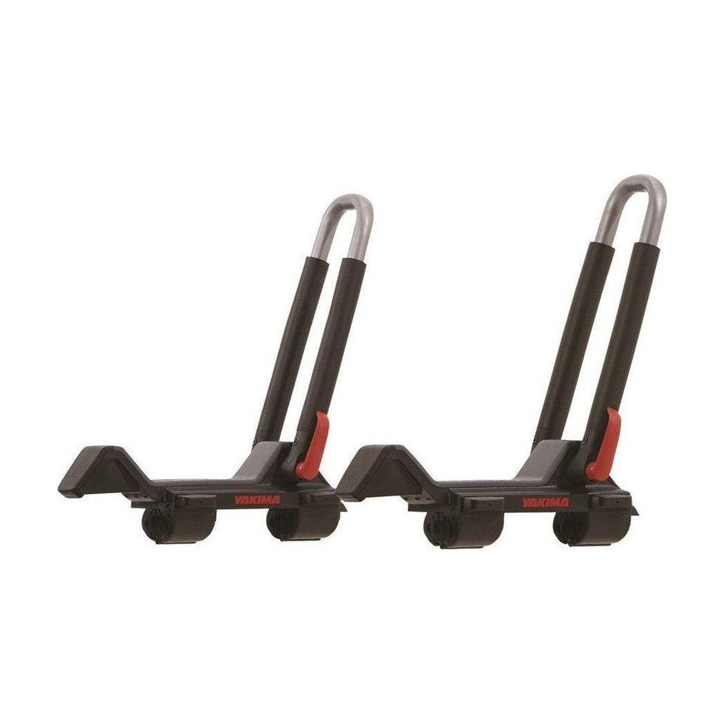 Two Yakima JayLow car racks with black bases and silver U-bars are shown from a front angle against a white background.