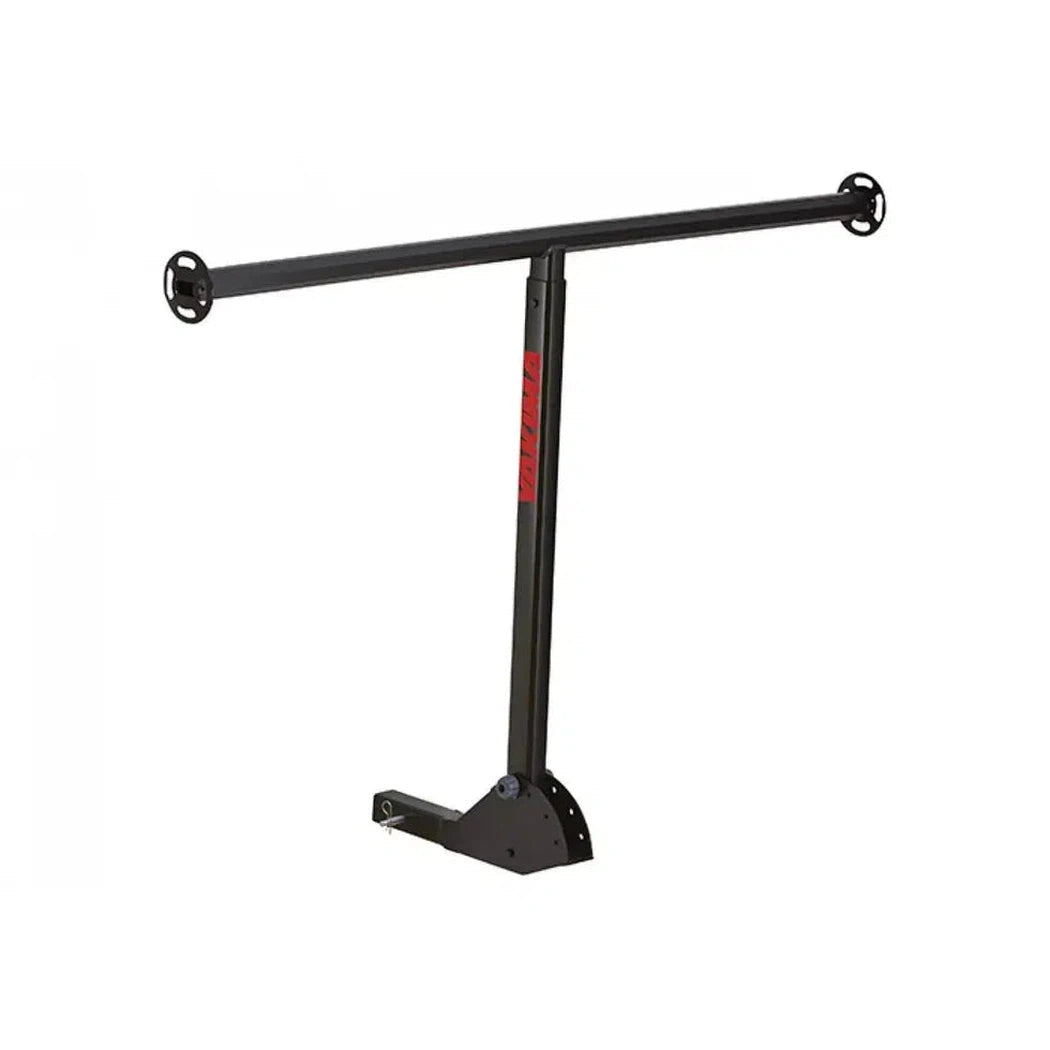 A black Yakima LongArm car rack system with a T-shaped bar and a red logo on the vertical pole, photographed from a front angle against a white background.