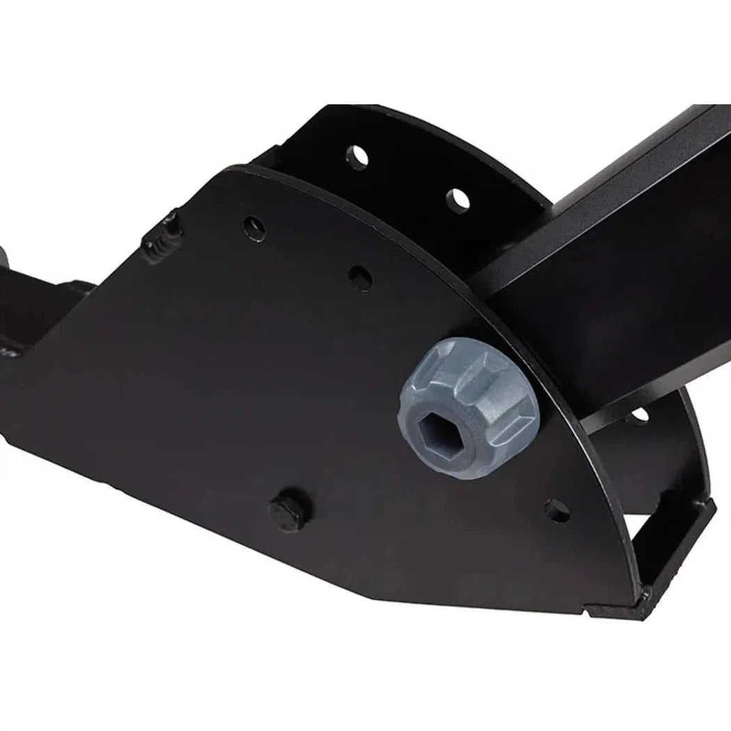 A close-up of the Yakima LongArm car rack system showing the gray adjustment knob and black metal construction against a white background.