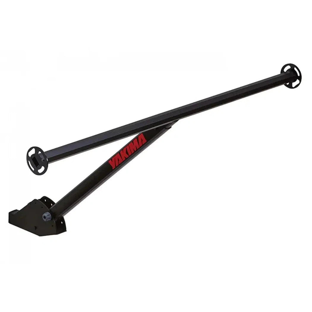 A black Yakima LongArm car rack system shown from a side angle with a white background.