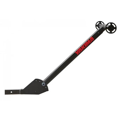 A black Yakima LongArm car rack with red lettering, showing the mounting bracket and wheel attachment against a white background.