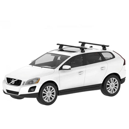 A white Volvo with a Yakima RidgeLine (4 Pack) roof rack system, shown from a three-quarter front angle against a plain white background.