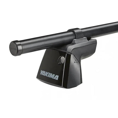 A black Yakima RidgeLine car rack system mounted on a roof bar, shown from a side angle against a white background.