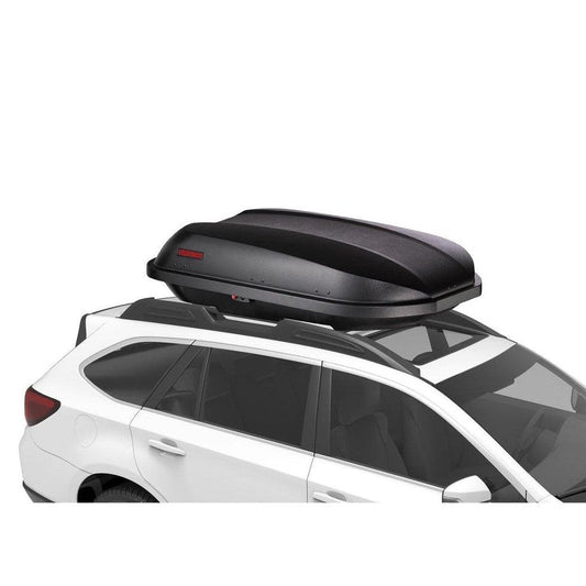 A top-down view of the black Yakima Rocketbox Pro 14 cargo box mounted on a white SUV.