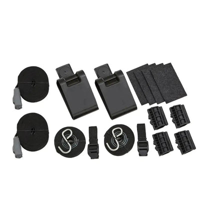 A complete Yakima Showdown car rack water accessory kit with black components, foam pads, and straps displayed on a white background.