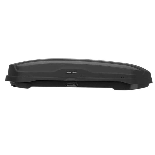 Back view of the Yakima SkyBox NX 18 cargo box with a USB port visible on the bottom, against a white background.