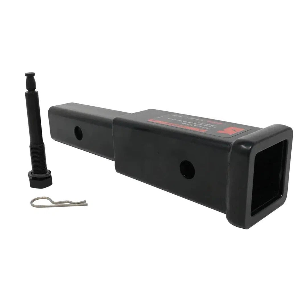 A black Yakima StraightShot bike rack extension with a pin and clip, shown from a side angle against a white background.